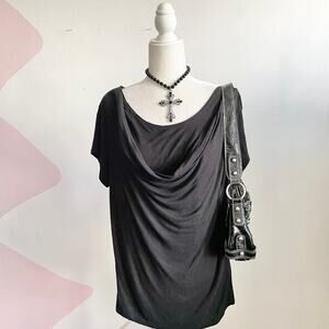 Black Cowl Neck Top Minimalist Soft Grunge Retro Romantic XL